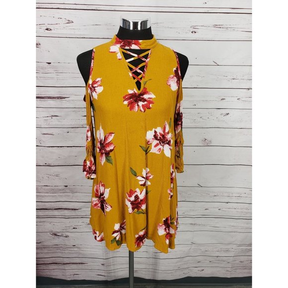 Andree By Unit small Mustard‎ Floral crisscross cold shoulder Dress - Picture 1 of 12